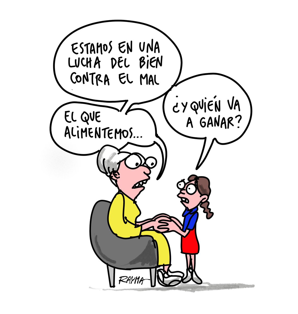 raymacaricatura's tweet photo. El lobo bueno y el lobo malo 🤍🖤
Un anciano indígena conversaba con su nieto junto al fuego.

—Dentro de cada persona viven dos lobos que están siempre luchando —dijo el abuelo—. Uno es el lobo malo: representa la ira, la envidia, el miedo, el orgullo y el resentimiento.

El niño escuchaba atento.

—¿Y el otro? —preguntó.

—El otro es el lobo bueno. Representa el amor, la alegría, la esperanza, la bondad, la generosidad y la paz.

El nieto se quedó pensativo unos momentos y luego preguntó:

—Abuelo, ¿y cuál de los dos lobos gana la pelea?

El anciano sonrió y respondió:

—Gana el lobo que alimentas cada día.

Desde entonces, el niño comprendió que sus pensamientos, palabras y acciones eran el alimento de uno u otro lobo. Y que la verdadera batalla no ocurría en el bosque, sino dentro de su propio corazón.
La enseñanza de este cuento es que nuestras decisiones diarias fortalecen las emociones y valores que elegimos cultivar. #raymatoday
