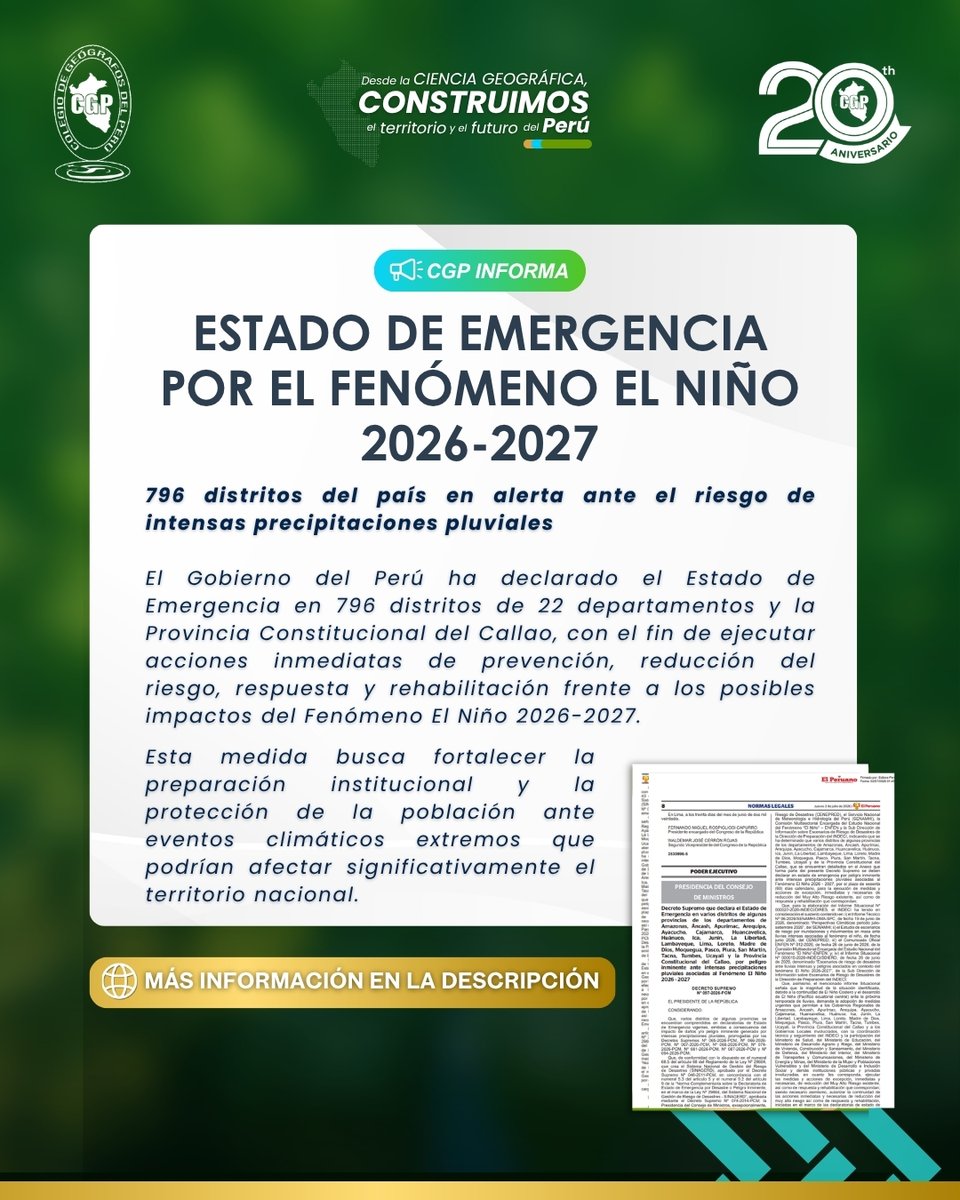 cgp_pe's tweet photo. 🚨 Estado de Emergencia por el Fenómeno El Niño 2026-2027
🔗DS N.° 097-2026-PCM: https://t.co/auC7iSBMlS https://t.co/XzPhLr7fri