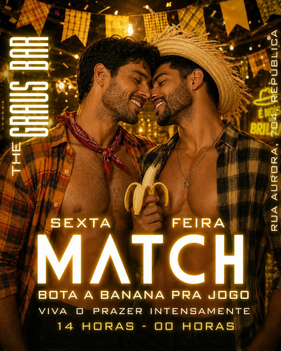 thegrausbar's tweet photo. exta é dia de MATCH no arraiá do The Graus! 🍌🔥

A festa junina chega com clima de paquera, música e aquela energia perfeita para quem quer encontrar, brincar e viver a noite sem enrolação. 💛✨

Rua Aurora, 704 – República 📍
14h às 00h ⏰ https://t.co/mEzQACMvBN
