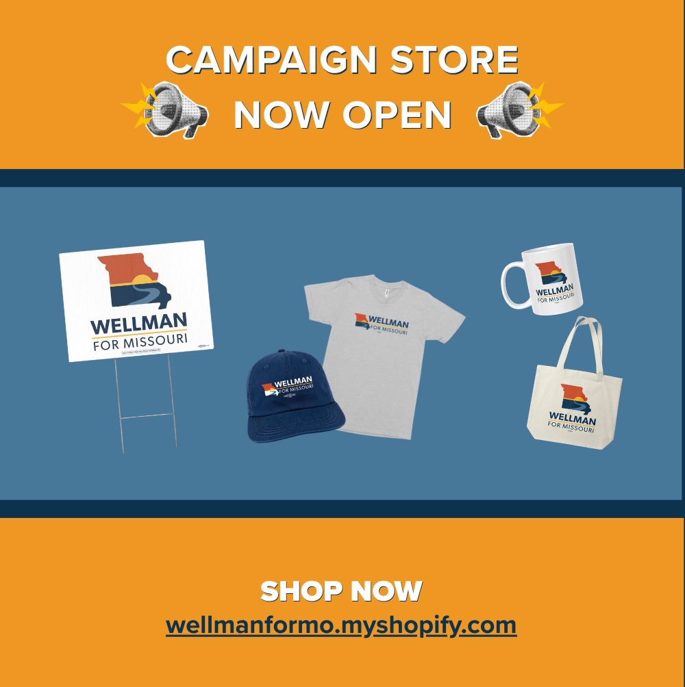 WellmanForMO's tweet photo. Want to show your support for the campaign that will flip #MO02 this November? Go to our website to purchase your shirt, hat, mug, and more! Help us get the word out today. Link below.

#Missouri #StLouis #TeamWellman #STL https://t.co/8UASSdG5ry