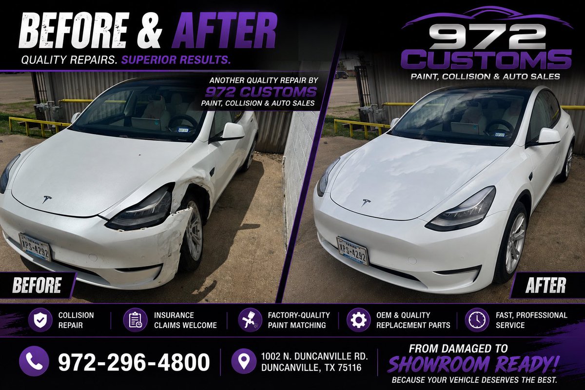 972Customs's tweet photo. Before ➡️ After.

This 2020 Tesla Model Y came in with front driver’s side collision damage and left our shop looking like new. ⚡

✔️ Expert Collision Repair
✔️ Factory Paint Matching
✔️ Insurance Claims Welcome

📞 972-296-4800

#Tesla #972Customs #AutoRepair #BeforeAndAfter https://t.co/QFgEB4Qbij