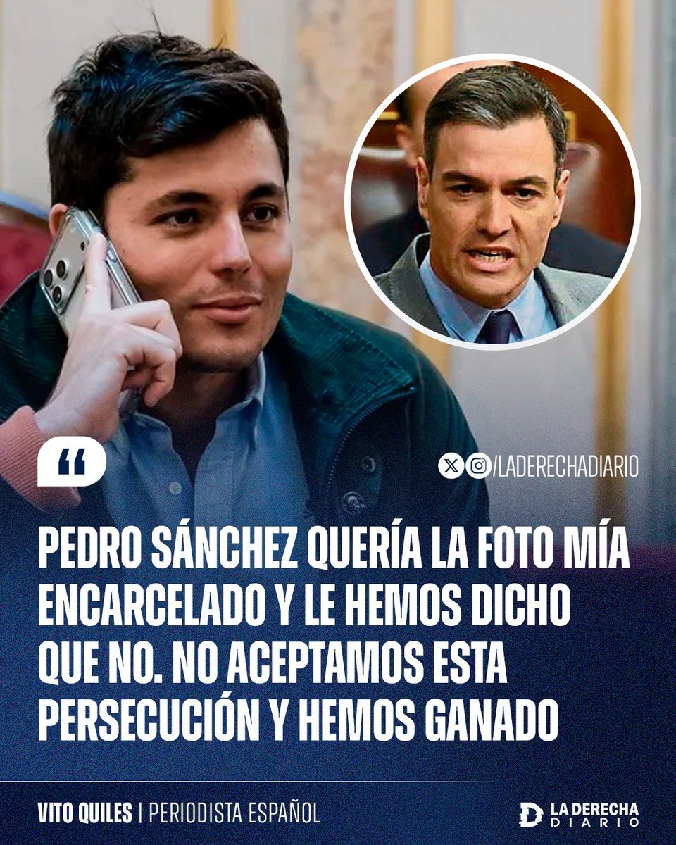 laderechadiario's tweet photo. 🚨🇪🇸 | PEDRO SÁNCHEZ LA TENÉS ADENTRO: Vito Quiles celebró que el juez levantara la orden de detención en su contra tras presentarse voluntariamente ante el juzgado y destrozó al corrupto Pedro Sánchez.

"Pedro Sánchez quería la foto mía encarcelado y le hemos dicho que no. No aceptamos esta persecución y hemos ganado".
