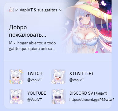 VapiVT's tweet photo. @rukkirii Que preciosos perfiles y widgets!!!
Así quedo el mío >u<
Estoy tan feliz, por fin todo bonito! :D
(Toca retocar un poco el widget porque hay un fallo uwu pero mas tarde, me tomo un tiempo entender y hacerlo igual xD) https://t.co/TBQdriSfcQ