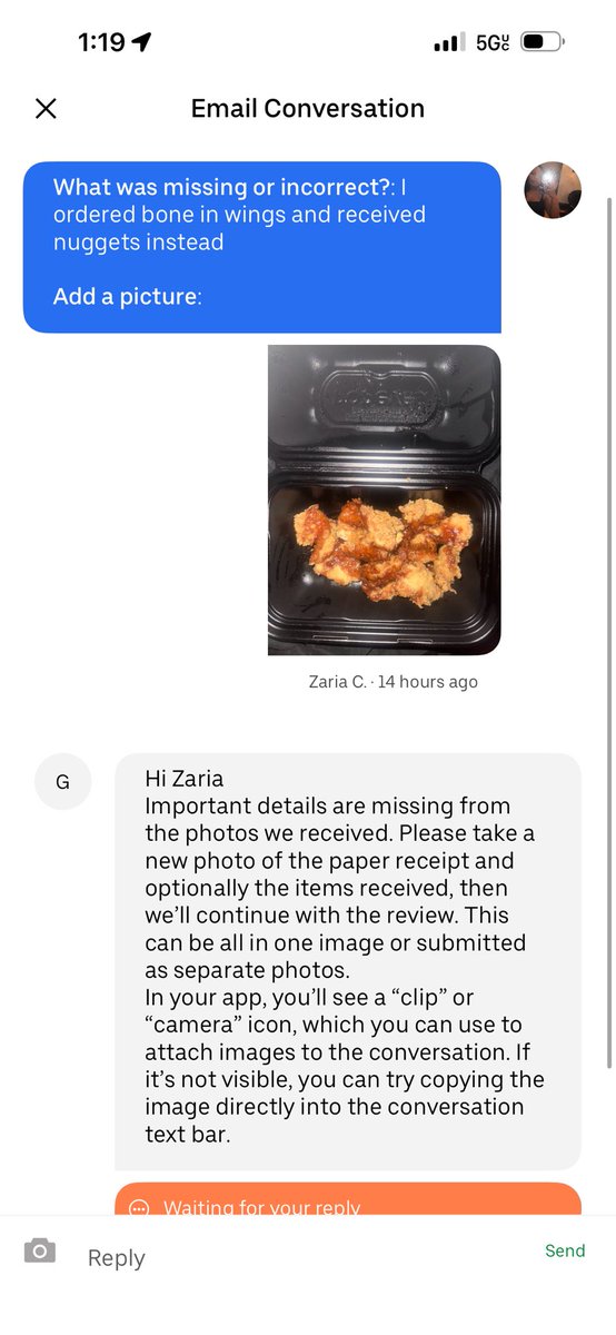 XanottiLi's tweet photo. @UberEats Hi, I need help with an unresolved order issue. I ordered bone-in wings from Popeyes and received nuggets instead. I submitted a complaint through the app with photos of the wrong item, and the agent (Goutam) denied my refund even though the proof is obvious https://t.co/Ds0BbJNI96