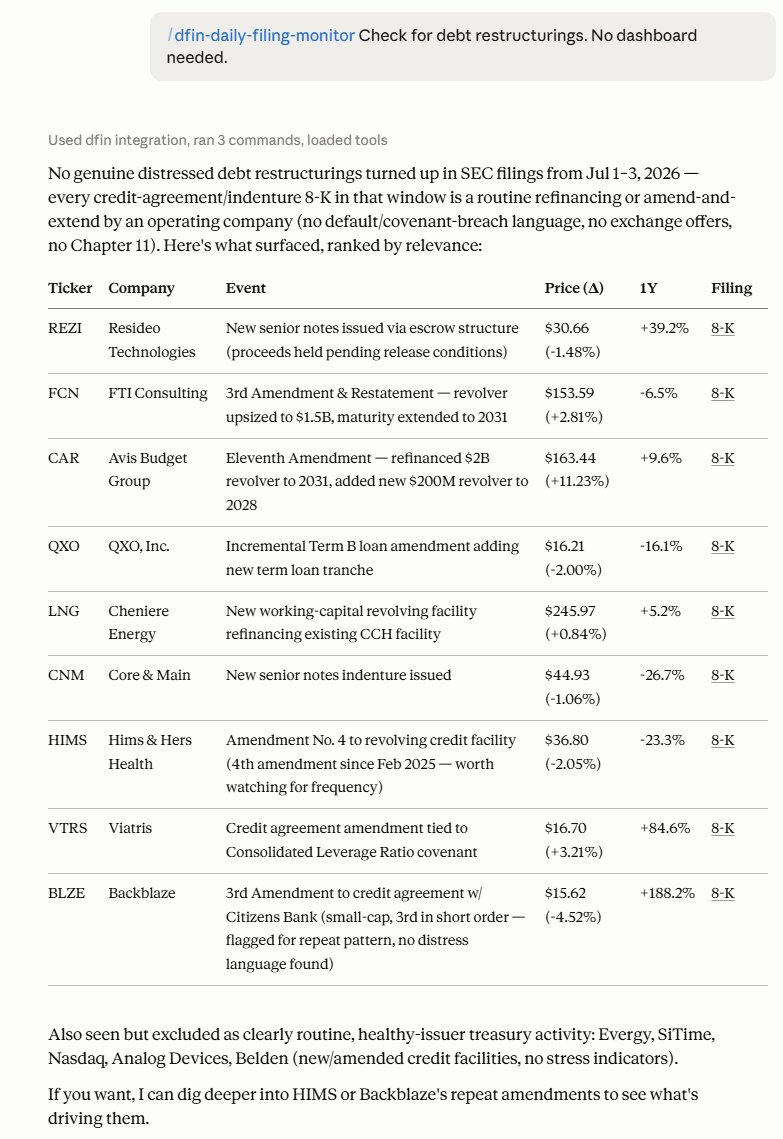 dfin_pro's tweet photo. I received a request for a way to scan daily filings to monitor for various events (management changes, debt restructuring, etc.). With the power of our MCP and AI, it's just a simple task to set up and schedule!
I spent a lot of time focusing on making the task as token efficient & simple as possible. With Claude, you can even use Haiku to run these quickly & cheaply. 

It's packaged as a skill now /dfin-daily-filing-monitor. Easily accessible and modifiable per your personal requirements.