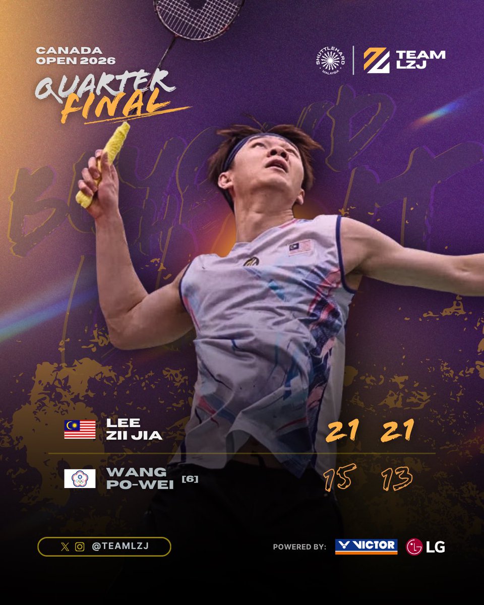 TeamLZJ's tweet photo. Lee Zii Jia storms into a first Semifinal of the season at the #CanadaOpen2026 🇨🇦

Up next is Riki Takei of 🇯🇵

#DareToDream 
#OwnYourAttitude 
#BeyondTheLimit 
#ShuttleHard https://t.co/gONZ9eNQxx