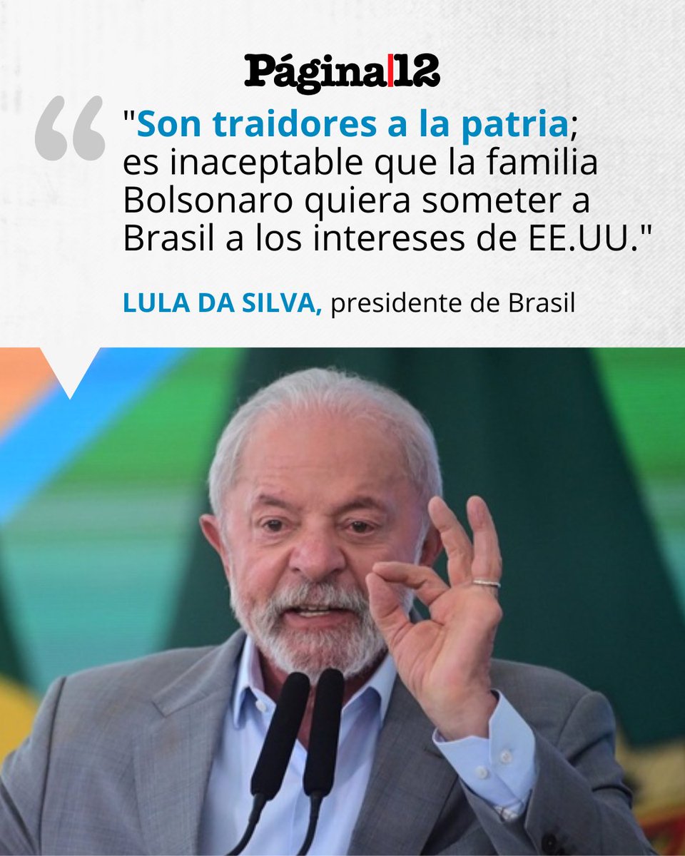pagina12's tweet photo. El presidente brasileño fustigó a su rival electoral Flávio Bolsonaro por pedir a EE.UU. “postergar” una eventual aplicación de nuevos aranceles a Brasil hasta después de las presidenciales de octubre.
https://t.co/AlOaVOMV54 https://t.co/KwqpowPduY