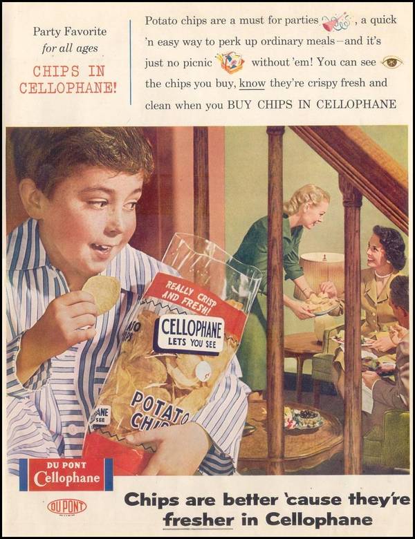 drmarkhyman's tweet photo. Did you know potato chips used to come in cardboard boxes? Then in the 1950s Du Pont ran full page ads convincing America they needed cellophane instead, "you can see it, so you know it's fresh."

That same company later became infamous for something far less transparent, decades of lawsuits over the forever chemicals it dumped into drinking water and used in food packaging.

We went from cardboard to plastic in the name of "freshness." Now we know plastic packaging leaches microplastics and endocrine disrupting chemicals straight into the food it's "protecting."

Progress doesn't always mean safer. Sometimes it just means better marketing.