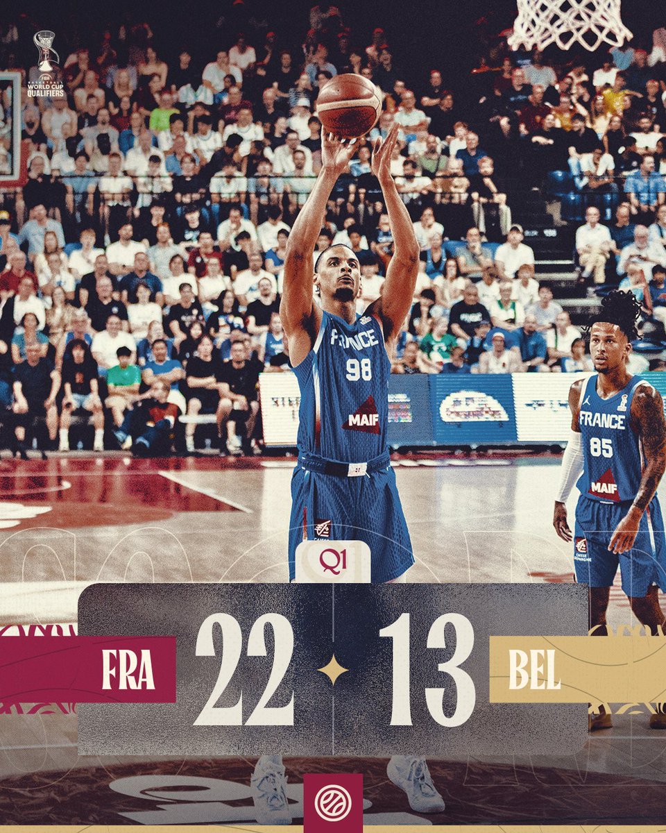 FRABasketball's tweet photo. Les Bleus en tête à la fin du premier quart-temps 👊

Suivez la rencontre en direct sur @beinsports_FR 3 📺

#PassionnémentBleu | #BELFRA | #FIBAWC https://t.co/z8EUeHJcop