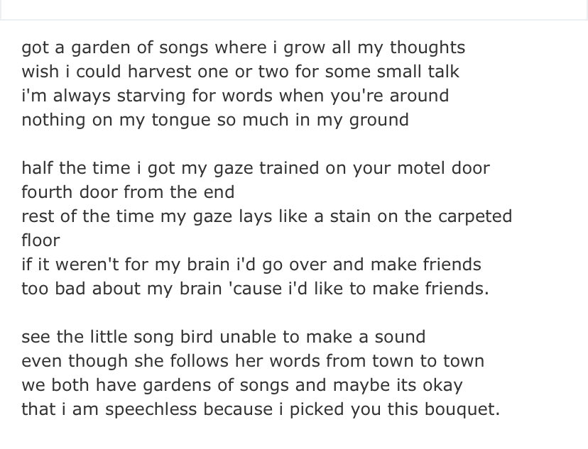 lottiesnack's tweet photo. idk if anyone remembers my fic “my winter giving way to warm” but i decided to give the playlist for the mix nat gave lottie a listen again a year later and i’m baffled by how genius i was for putting oh well ok by elliott smith right before this bouquet by ani difranco https://t.co/7fIKlQksOY
