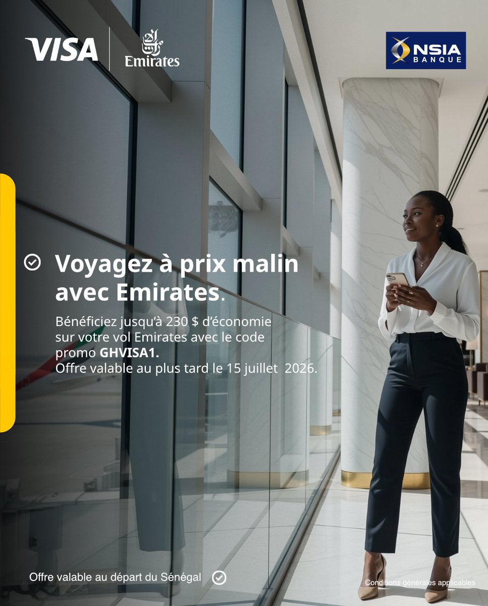 NsiaBanqueSene's tweet photo. Voyager, c’est aussi savoir profiter des bonnes opportunités. Et si votre prochaine destination coûtait un peu moins cher ? Avec votre carte Visa NSIA Banque, bénéficiez jusqu’à 230$ (environ 131 710 fcfa) d’économie sur votre prochain vol Emirates grâce au code promo GHVISA1. https://t.co/gHFJWjaAAr