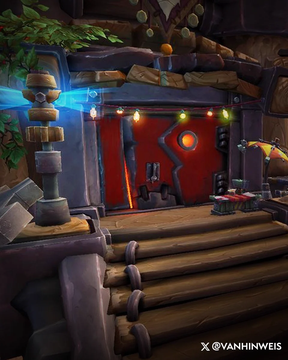 A breezy, beachside bungalow space built out from the front of a Goblin-inspired home in the sand. A trail of wooden planks ascends up to the metallic red entryway.