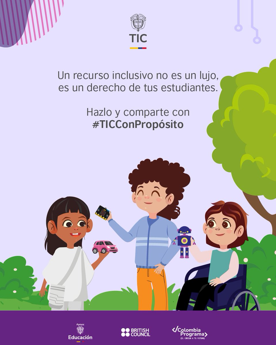 cobritish's tweet photo. Profe, los materiales que usas en clase ¿le hablan a todos y todas tus estudiantes?

Desde #ColombiaPrograma te invitamos a revisar si tus recursos educativos son inclusivos: ¿usan DUA? ¿Están en formatos accesibles? ¿Incluyen, por ejemplo, imágenes y narrativas diversas?

Un recurso inclusivo hace que todas y todos se sientan reconocidos. Hazlo y comparte con #TICConPropósito"