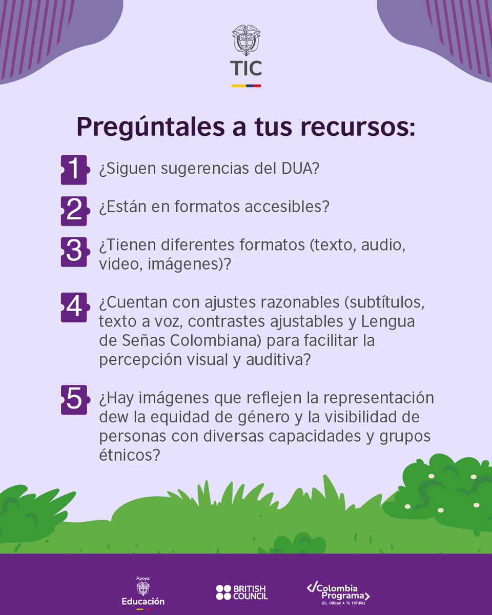 cobritish's tweet photo. Profe, los materiales que usas en clase ¿le hablan a todos y todas tus estudiantes?

Desde #ColombiaPrograma te invitamos a revisar si tus recursos educativos son inclusivos: ¿usan DUA? ¿Están en formatos accesibles? ¿Incluyen, por ejemplo, imágenes y narrativas diversas?

Un recurso inclusivo hace que todas y todos se sientan reconocidos. Hazlo y comparte con #TICConPropósito"