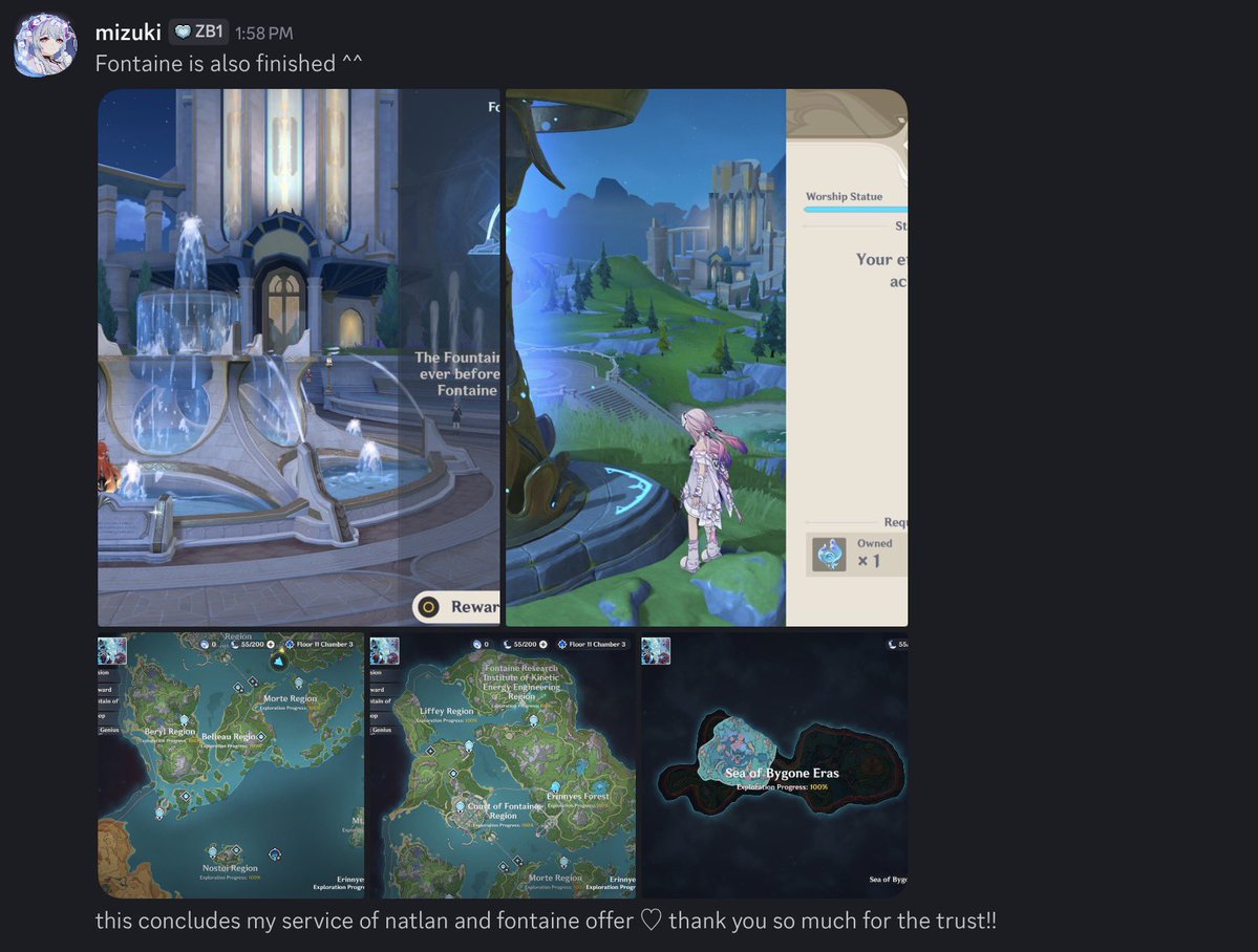 mizukipilot's tweet photo. proof 70 

natlan exploration
fontaine exploration https://t.co/AVVZX5coby