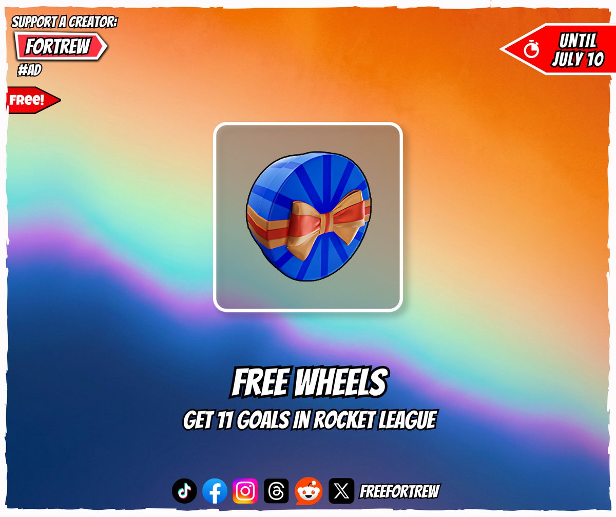 freefortrew's tweet photo. Free Wheels

Get 11 Goals in Rocket League.

🏆 Reward:
• "Candy Box" Wheels

📅 Available until July 10 at 12 PM ET. https://t.co/c85uMMnLPH