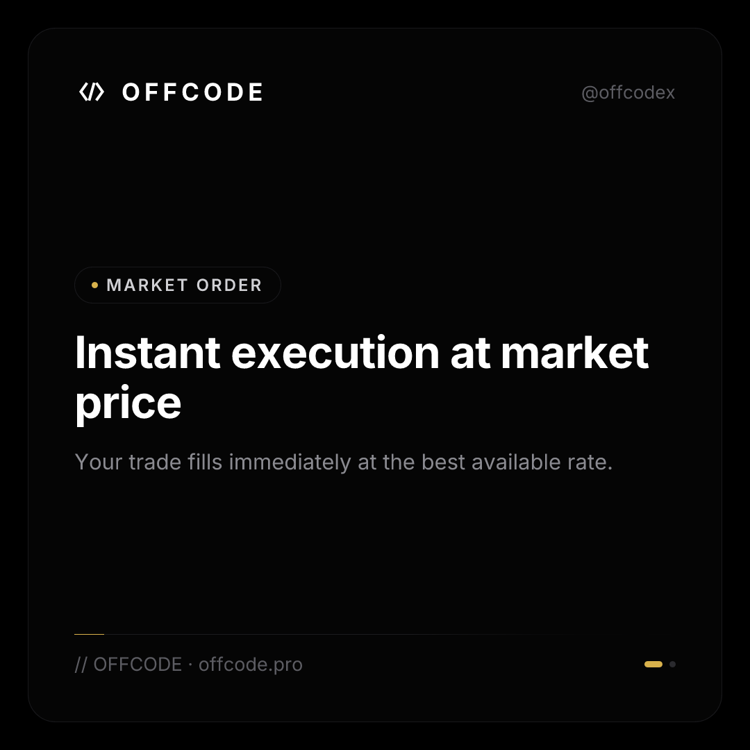 OFFCODEX's tweet photo. Two core order types power every trade. Market orders execute instantly at current prices. Limit orders wait for your target price. Both live on OFFCODE—pick what matches your strategy.

#Trading #Orders #Crypto https://t.co/CGiPLVMJCe