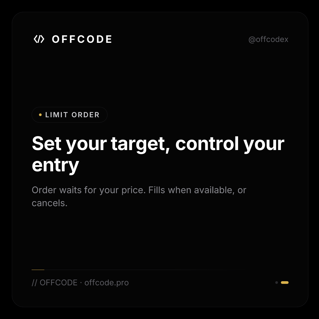 OFFCODEX's tweet photo. Two core order types power every trade. Market orders execute instantly at current prices. Limit orders wait for your target price. Both live on OFFCODE—pick what matches your strategy.

#Trading #Orders #Crypto https://t.co/CGiPLVMJCe