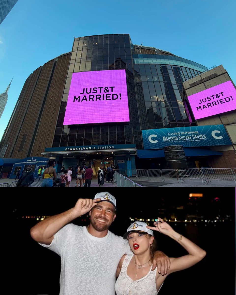 hellopopscope's tweet photo. The world’s most famous arena just joined the Swift-Kelce love story. Madison Square Garden lights up with “JUST&amp;T MARRIED” as Taylor Swift and Travis Kelce’s wedding celebration takes over NYC. https://t.co/eAmDuinhLs