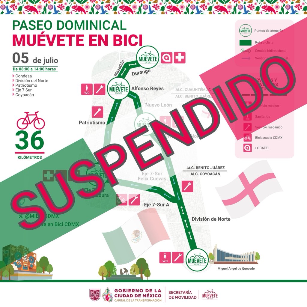 MIBiciCDMX's tweet photo. 🚨Aviso importante.🚨

Informamos que por esta ocasión el Paseo Dominical y Biciescuela Domincal quedan suspendidos el próximo 5 de julio. https://t.co/hjFW9VSBtd