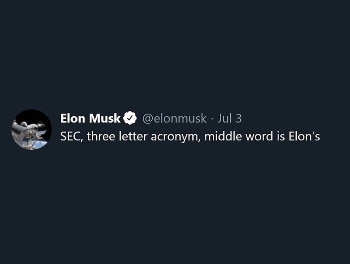 TheElonArchive's tweet photo. On this day in 2020: Elon tweets, “SEC, three letter acronym, middle word is Elon” mocking $TSLA short sellers and the U.S. Securities and Exchange Commission (which he called the “Shortseller Enrichment Commission”) https://t.co/0jjJval5Td