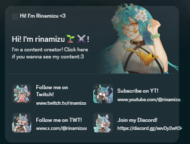 rinamizuu's tweet photo. VTUBERS!!! You should make your own DISCORD WIDGET to promote yourself!

I just made mine, and honestly, it's so sick LOL I love it. You can customize it however you like!!! :) https://t.co/WcuJZxdj9i
