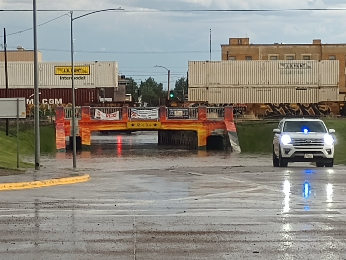 bikewxmt's tweet photo. @NWSGlasgow US 2 in Glasgow and the 6th Street underpass from the flash flooding. #mtwx https://t.co/GiE017hov6