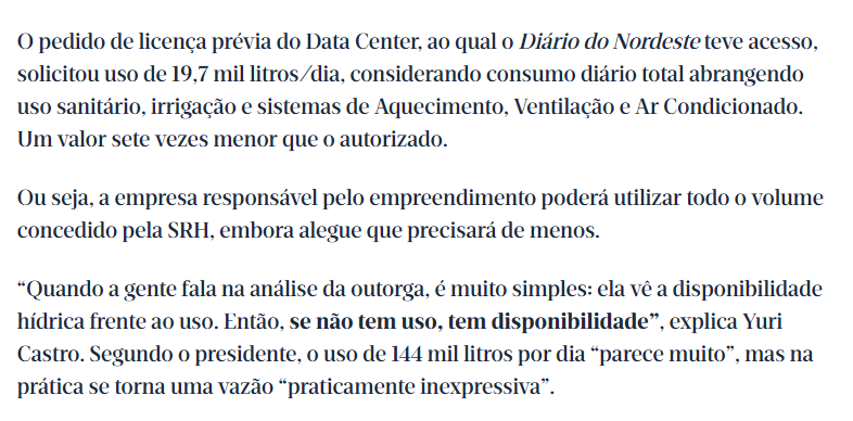 PGSSousa's tweet photo. @JosCAmaral3 @rtnoticias_br @GovernoDoCeara Onde na matéria da RT fala em água?
Deve-se distinguir o volume outorgado pela COGERH (144 mil litros/dia) da previsão de consumo da empresa (19,2 mil litros/dia). E mesmo considerando a outorga, o valor é < 1% do consumo do Complexo de Pecém.
Lembrando que consumo ≠ outorga https://t.co/wbpYnKL5vi