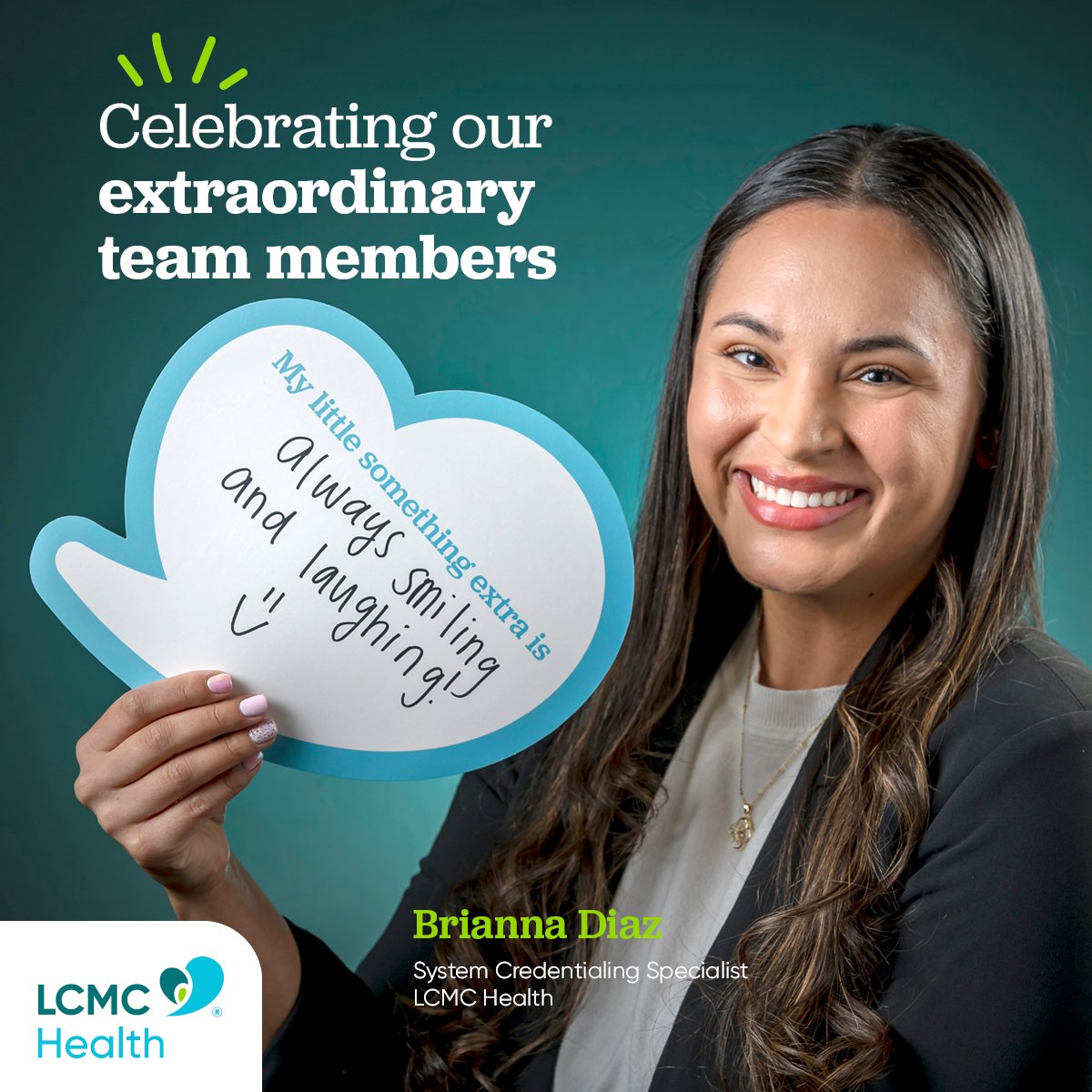 LCMCHealth's tweet photo. Brianna Diaz is a System Credentialing Specialist at LCMC Health. Her #littleextra is always smiling and laughing! π€£π
Share your Little Extras with us at https://t.co/y8v65CUfLa. https://t.co/r76Sd0J8bc