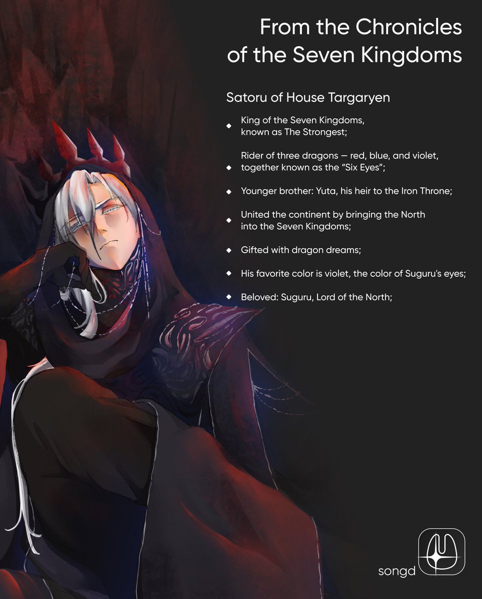 songd_jpg's tweet photo. What if Satoru was a Targaryen and Suguru was a Stark? 🐉🐺

Part 9! Sooooo here are some facts from satosugu’s future 👉🏻👈🏻

#art #artistoftwitter #satosugu #jujutsukaisen #gameofthrones #satorugojo #sugurugetou #bl #yaoi #au https://t.co/567zkpjzfU