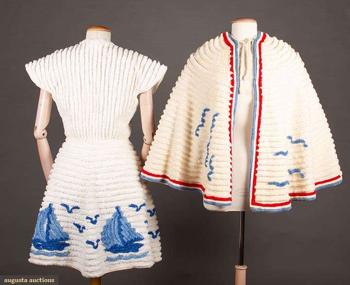 LaurenCDeutsch's tweet photo. Today's #beachwear outfit is this 1940s Togs of Hollywood coverups- a robe and a caplet. Both are made of chenille and sport bird and boat designs. By this time, American sportswear designers made resort-style casual dress accessible to the middle classes. #Fashionhistory https://t.co/OMj53fncTu