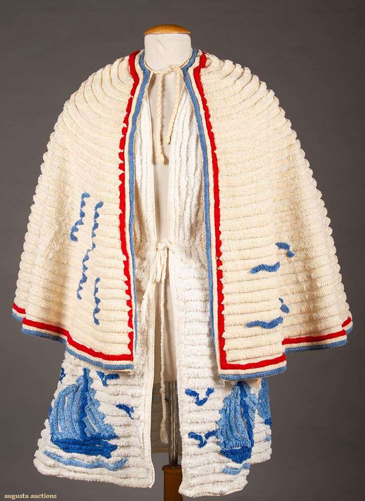 LaurenCDeutsch's tweet photo. Today's #beachwear outfit is this 1940s Togs of Hollywood coverups- a robe and a caplet. Both are made of chenille and sport bird and boat designs. By this time, American sportswear designers made resort-style casual dress accessible to the middle classes. #Fashionhistory https://t.co/OMj53fncTu