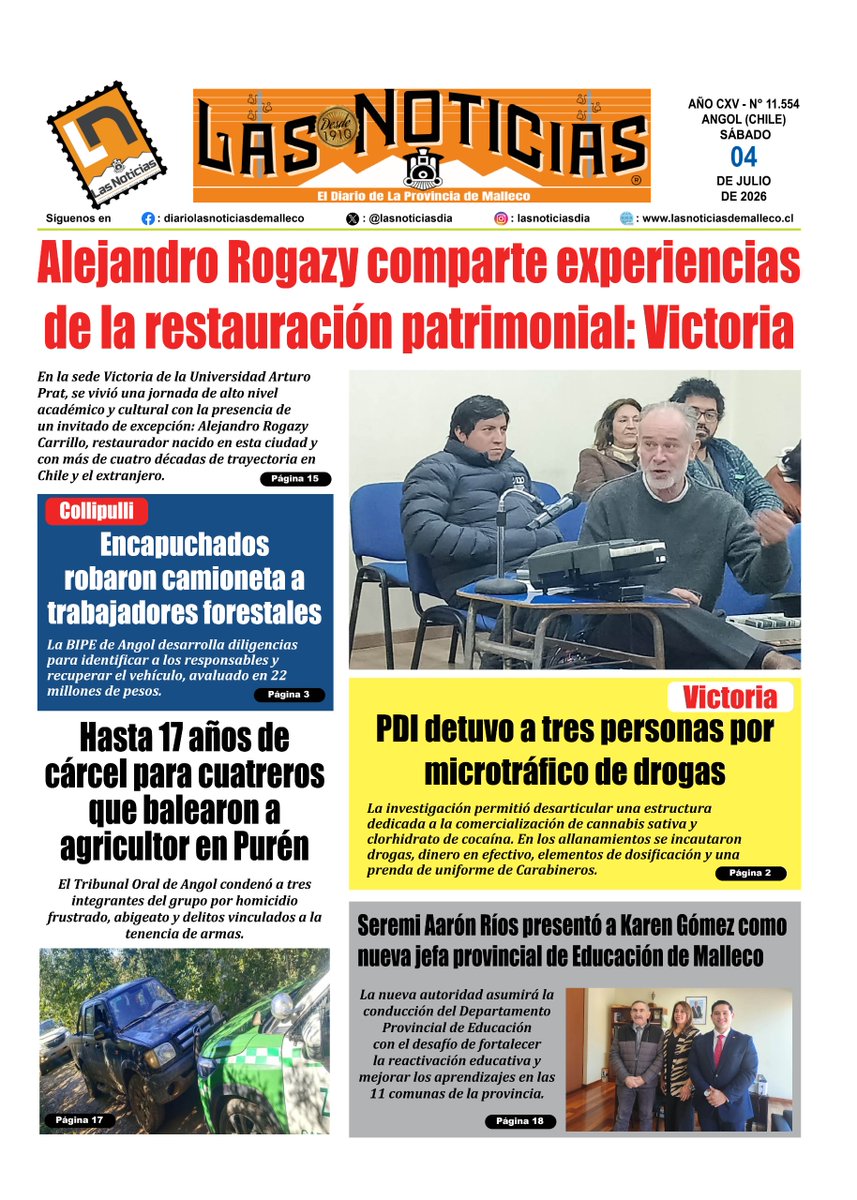 lasnoticiasdia's tweet photo. https://t.co/HrsNCWB1st
#PrimeraPágina
04/07/26
#LaVerdadPrimero
#Malleco
#LaAraucanía
#chile #laaraucania #malleco #macrozonasur #sur #macrozona #angol #collipulli #curacautin #ercilla #lonquimay #lossauces #lumaco #puren #renaico #traiguen #victoria https://t.co/CpjDRQWwe0