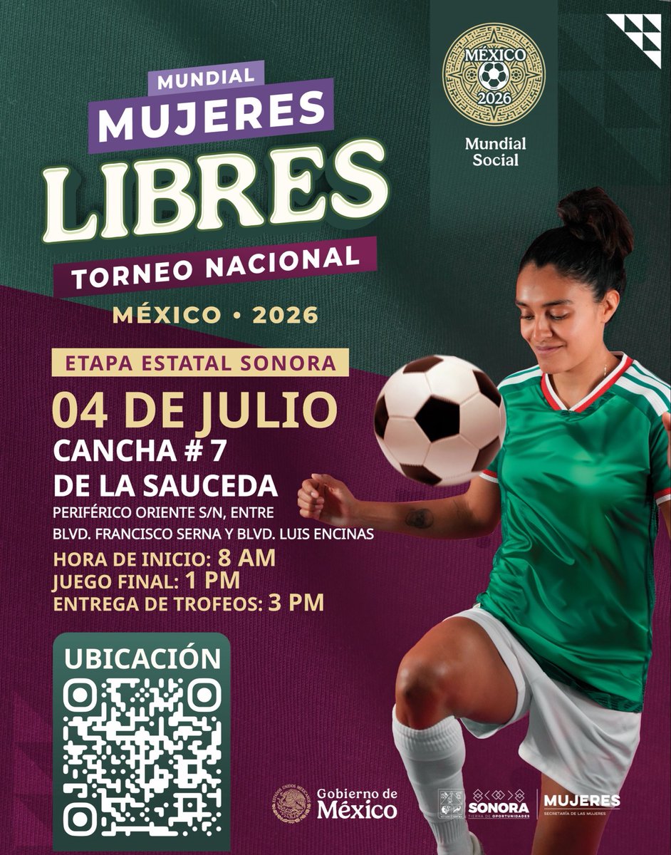 SeMujeresSon's tweet photo. ⚽💜 ¡El talento femenino se vive en la cancha!
Te invitamos a apoyar a las participantes del Torneo Nacional Mujeres Libres 2026, etapa estatal Sonora, una iniciativa que impulsa el deporte, el trabajo en equipo y el liderazgo de las mujeres. 🌟
#SomosTuRedDeApoyo https://t.co/jrAcjZVzXR