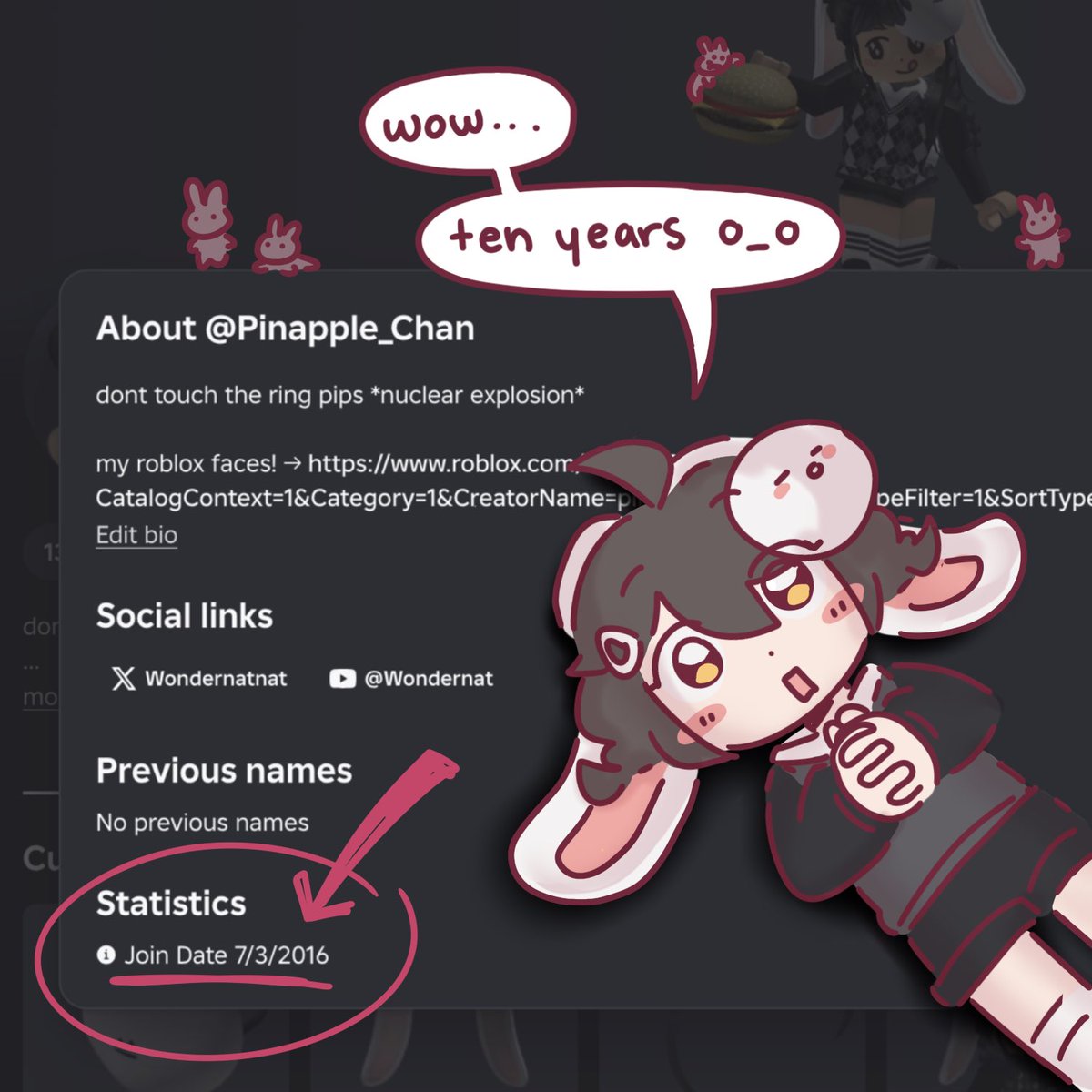 Wondernatnat's tweet photo. My Roblox account Pinapple_chan’s 10 year anniversary 😢😢 has it really been that long !!!? 🙊 https://t.co/SRr7DnSg6u