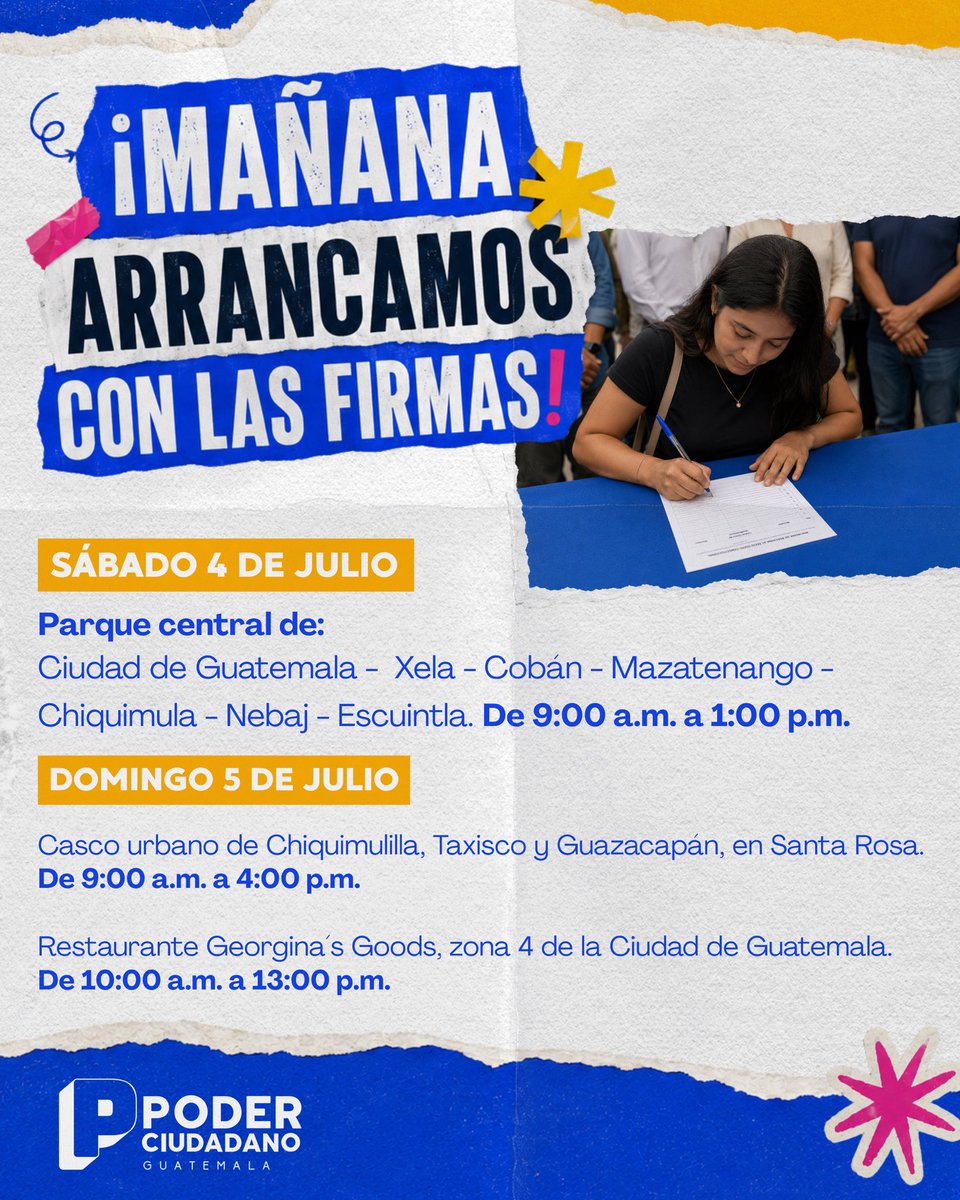 PoderCiudadanGt's tweet photo. 🚀 ¡Mañana arrancamos con la recolección de firmas para la reforma constitucional al sector justicia! 🇬🇹✍️

Es un día para demostrar que la ciudadanía puede impulsar los cambios que el país necesita.

📲 Conoce la propuesta completa en https://t.co/3EYGdI95HL https://t.co/Ve9UfKv6Py