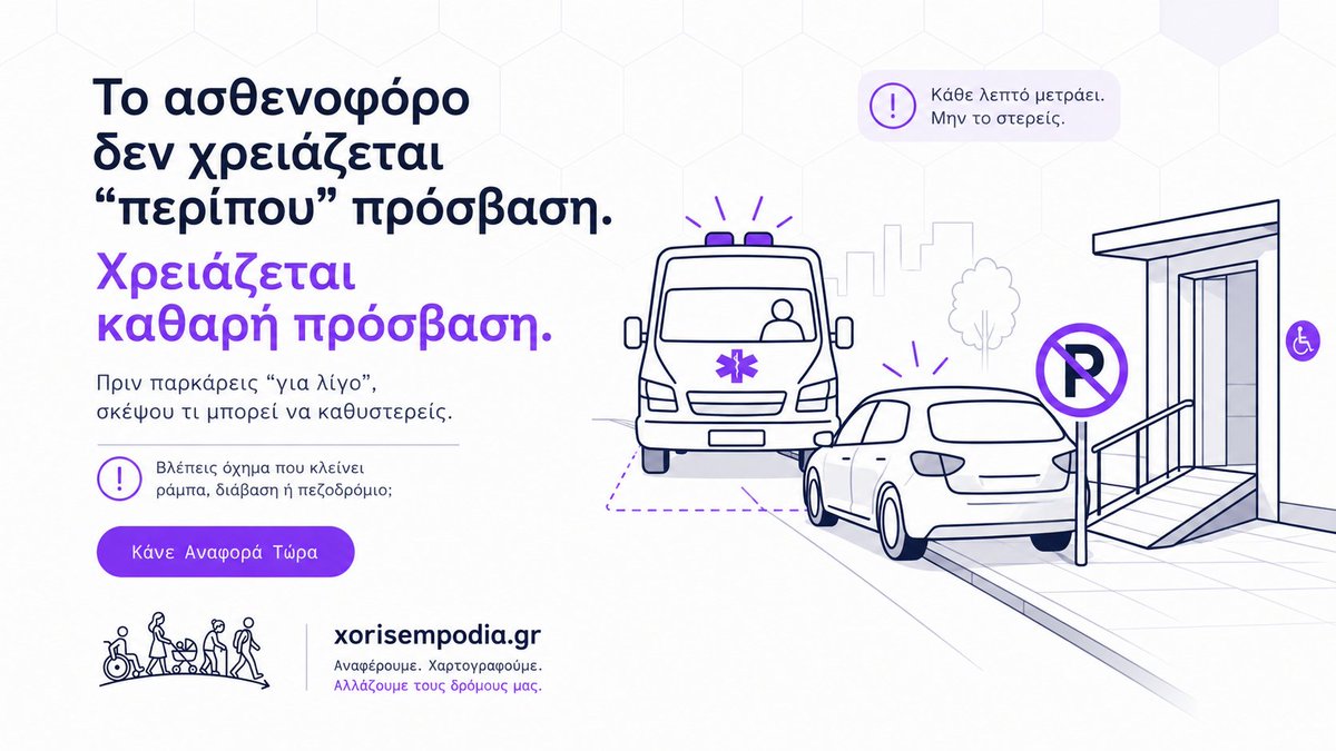 diakoptis's tweet photo. Το ασθενοφόρο δεν χρειάζεται “περίπου” πρόσβαση.
Χρειάζεται καθαρή πρόσβαση.
Πριν παρκάρεις “για λίγο”, σκέψου το.

Κάνε μια αναφορά στο https://t.co/XV7dfVUCg7 και βοήθησε να γεμίσει ο χάρτης. https://t.co/8iaJhPq0gk