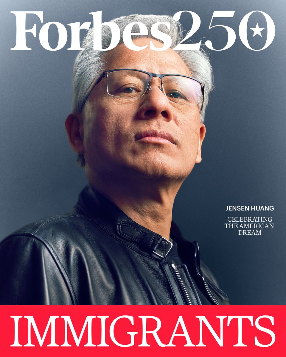 Forbes's tweet photo. Jensen Huang, the Taiwan-born CEO of @Nvidia, has championed the role of immigration in American innovation.

“The miracle of Nvidia ... would not be possible without immigration,” he wrote to employees last year.

Huang is featured on the #Forbes250 America’s Most Successful Living Immigrants list. See the full list: https://t.co/2Xgu79oZeb
📸: Joe Pugliese/August