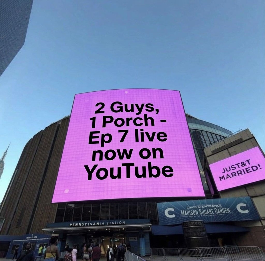2Guys1Porch's tweet photo. Sure, the smaller sign state JUST&amp;T MARRIED! but the real news is @2Guys1Porch , Ep 7 is live now on @YouTube 

https://t.co/nhbYrD74sH https://t.co/RwXEg6wQI0