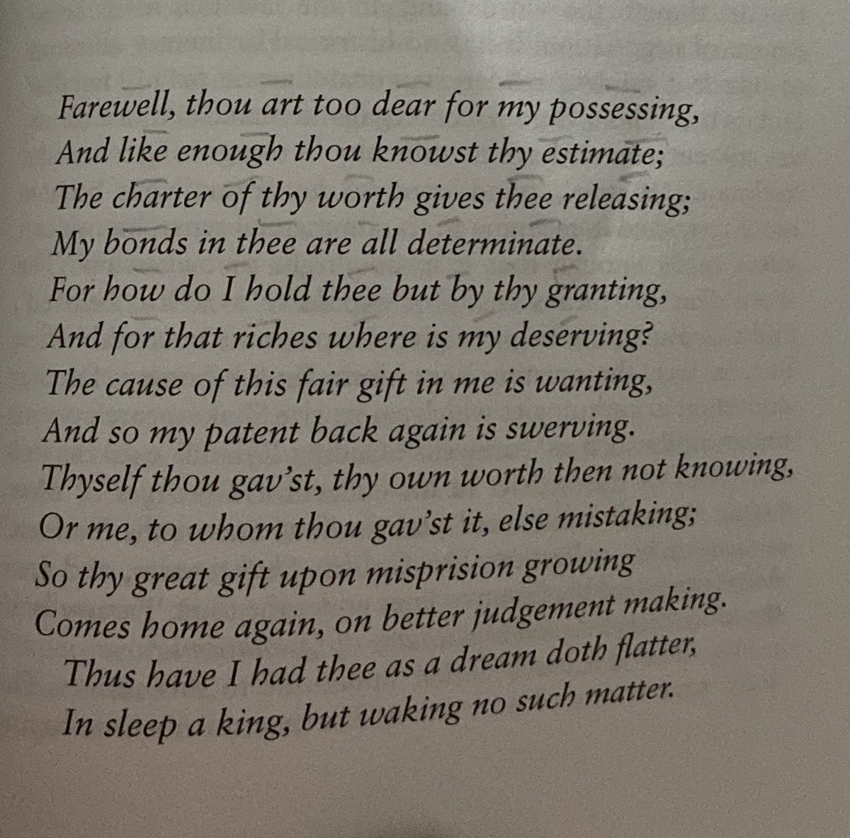 vdmiae_'s tweet photo. “Thus have I had thee as a dream doth flatter,
In sleep a king, but waking no such matter.”
Soneto 87, Shakespeare https://t.co/KuGbrtJ69x