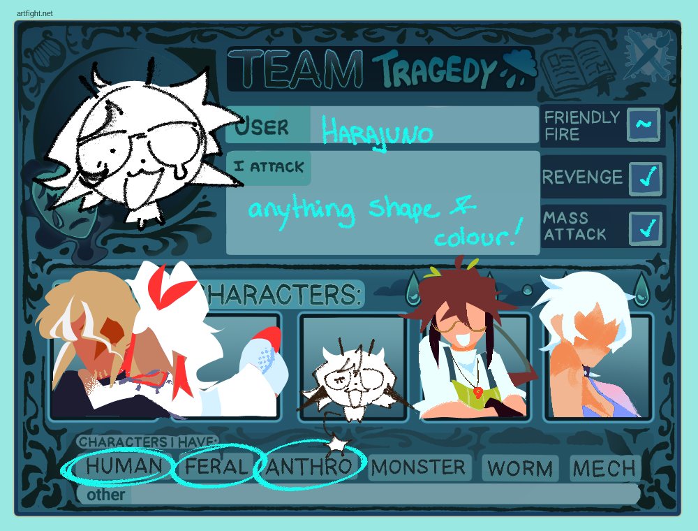 hj0riis's tweet photo. HII I FINALLY MADE MY ARTFIGHT TEAM REF!!! COME FIGHT ME ARAHHH RAHHH RAHH https://t.co/OirD6zdzSK