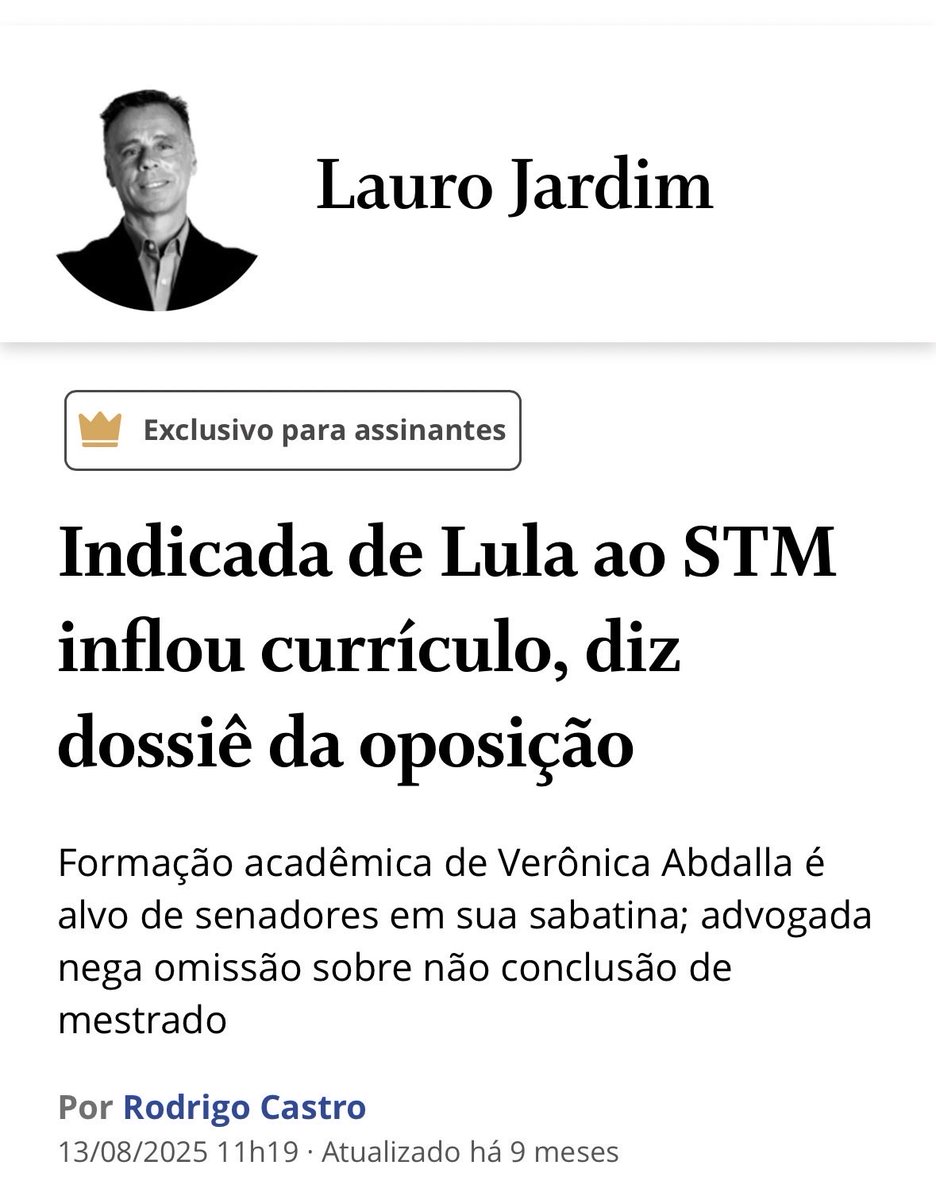 Doutrinadorg's tweet photo. Por ser ex-advogada de Gleisi, indicada por Janja e nomeada por Lula, já não se podia esperar boa coisa...

Mas um pequeno detalhe em sua sabatina (a inserção de um falso Mestrado em seu currículo), foi apagado  sob o pretexto de "ataques misóginos".

Art. 299 - Omitir, em documento público ou particular, declaração que dele devia constar, ou nele inserir ou fazer inserir declaração falsa ou diversa da que devia ser escrita, com o fim de prejudicar direito, criar obrigação ou alterar a verdade sobre fato juridicamente relevante:
         Pena - reclusão, de um a cinco anos, e multa, se o documento é público, e reclusão de um a três anos, e multa, se o documento é particular.
        Parágrafo único - Se o agente é funcionário público, e comete o crime prevalecendo-se do cargo, ou se a falsificação ou alteração é de assentamento de registro civil, aumenta-se a pena de sexta parte.

E hoje sabemos o porquê dessa indicação "goela a baixo".