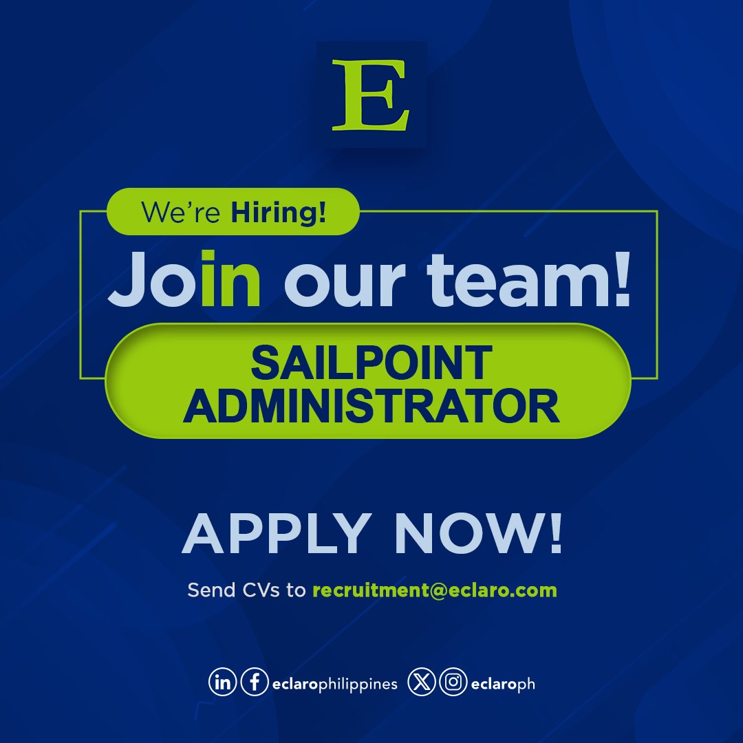 EclaroPh's tweet photo. This SailPoint Administrator role with a global client focuses on improving access governance.

Send your CV to recruitment@eclaro.com

Don't forget to mention where you've seen us. 😉

#ECLARO #ECLAROCareers #jobsph #SailPointAdministrator https://t.co/mHDEUxNUgM