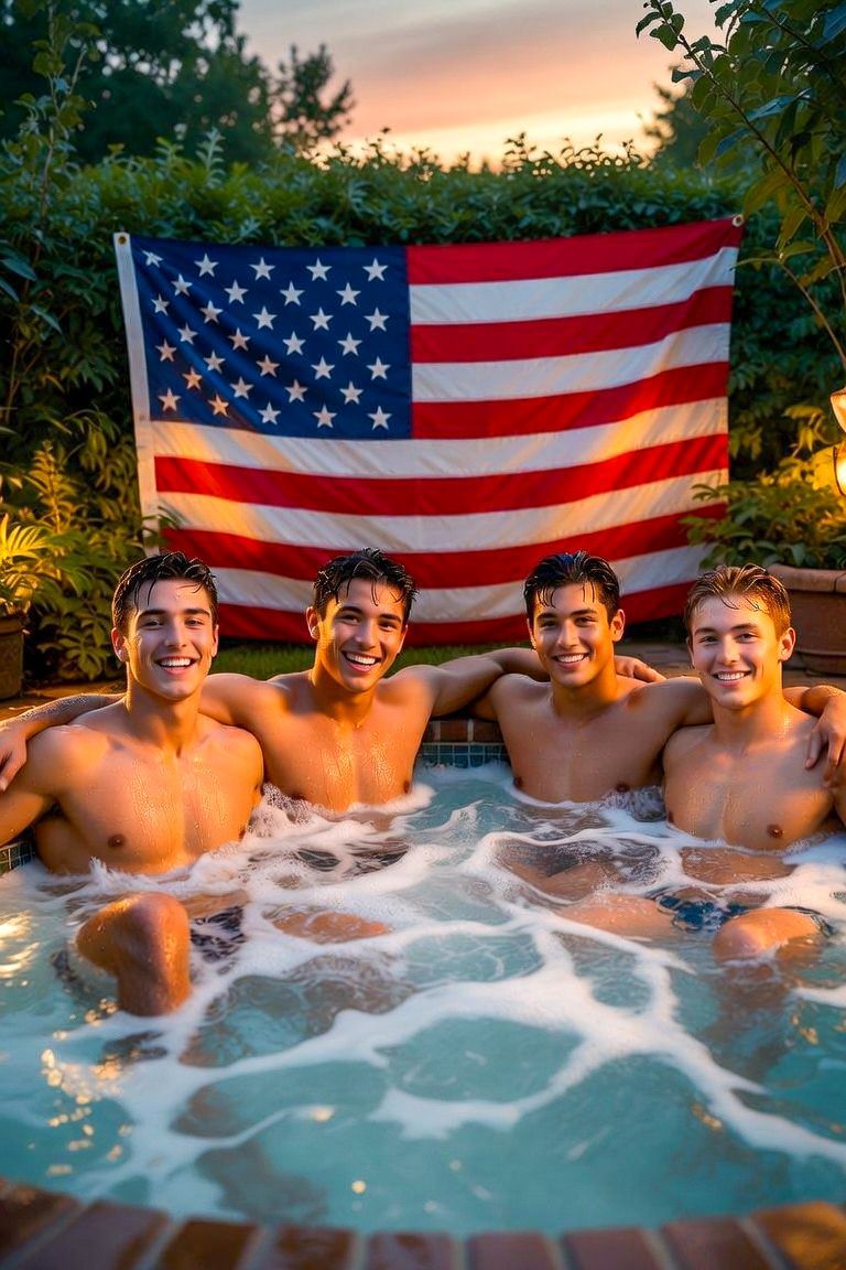 AiByRoman's tweet photo. Happy 4th of July to all my friends and followers in USA πΊπΈ #FitGuys #4thofJuly #USA250 #BackYardParty #Jacuzzi #SunsetWithFriends #ShirtlessMen https://t.co/mcgTKFHU9l
