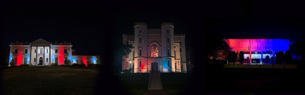 Louisiana_sos's tweet photo. In honor of the 250th anniversary of the signing of the declaration of Independence, the Louisiana Old Governor's Mansion, Louisiana Old State Capitol, and Louisiana State Archives have been lit up in red, white, and blue to celebrate our nation's semiquincentennial #America250 https://t.co/8lmwEvFzzm