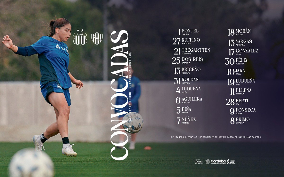 CATalleresdecba's tweet photo. 📋 | #Convocadas por Leandro Iglesias para el duelo con Unión de Santa Fe por la Fecha 12 del Torneo Apertura de Fútbol Femenino 2026.
📆 Sábado 4 de julio
🕜 11:30 hs
🏟 Estadio La Boutique
✅ Socios y público general sin costo
🖥️ LPF Play
#𝗩𝗔𝗠𝗢𝗦𝗧𝗔𝗟𝗟𝗘𝗥𝗘𝗦 💙 https://t.co/njYH2ffBSc