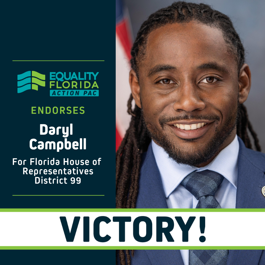 eqfl_actionPAC's tweet photo. Equality Florida Action PAC is thrilled to announce Representative @RepCampbell_FL has been elected to the House of Representatives District 99! Representative Campbell has been an unwavering ally for our LGBTQ+ community during his time in office. (1/2) https://t.co/SI2MJfaEj1
