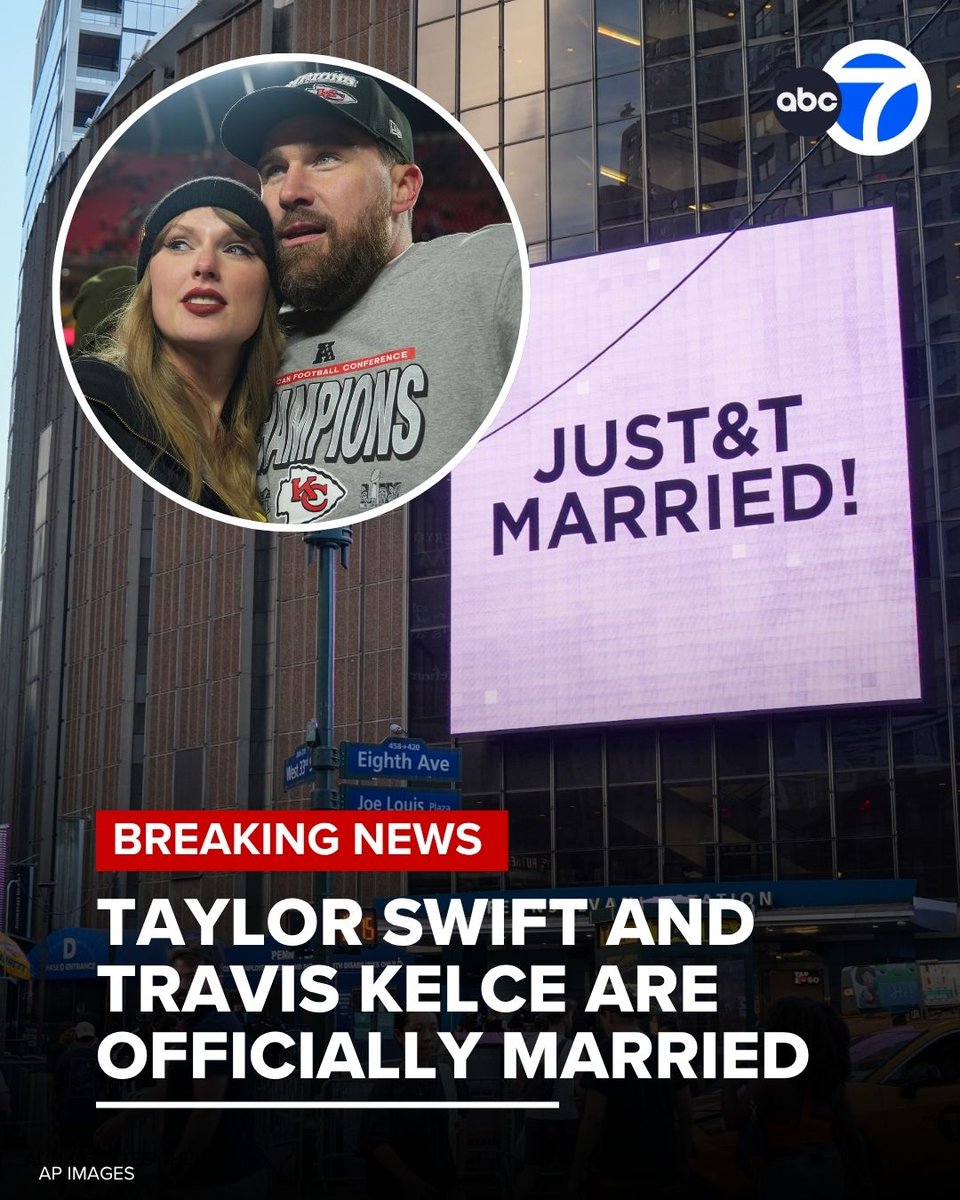 ABC7's tweet photo. Taylor Swift and Travis Kelce are officially husband and wife.

The couple's marriage was announced after a two-day reported wedding celebration at Madison Square Garden said to include more than 1,000 guests.

Read more at https://t.co/Ynqx984FRD https://t.co/xWYTqU0iw9