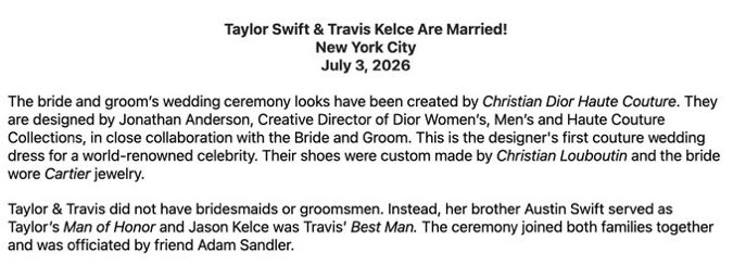 TayUpdatesARG's tweet photo. Tree, publicista de Taylor, publico un comunicado donde da detalles de la ceremonia:

Vestido de Dior, zapatos de Louboutin, joyas de Cartier, no tuvo damas de honor, los padrinos fueron Austin Swift y Jason Kelce.

Boda oficiada por Adam Sandler. https://t.co/l6Yw1zpsGm