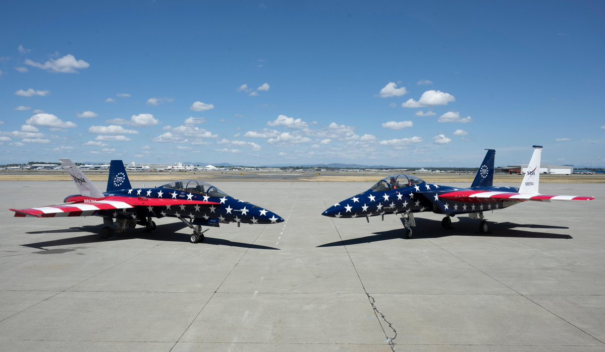 Mach3Plus's tweet photo. In honor of @Freedom250, two of NASA Armstrong’s most iconic jets are now wearing the red, white, and blue.

The F-18 and F-15 have been repainted in a patriotic scheme that reflects the determination, service, and unity woven into America’s story. More than just a new look, it’s a tribute to the past and a salute to the future.

Photo credits: @NASAArmstrong and Eli Barclay via Facebook